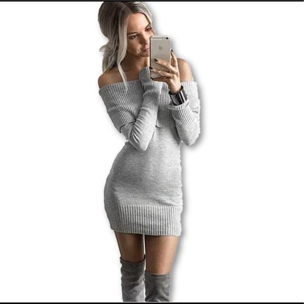 Off the shoulder sweater dress.